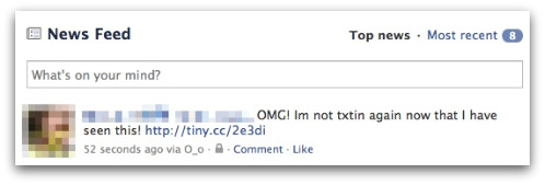 Your own Facebook status has been updated with the 'Im not txtin again' message