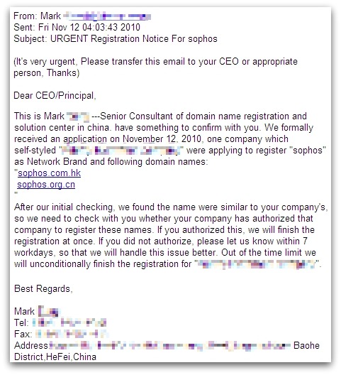 Register your domain spam email