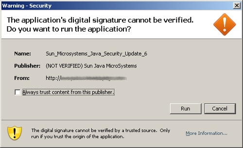 Java missing certificate warning