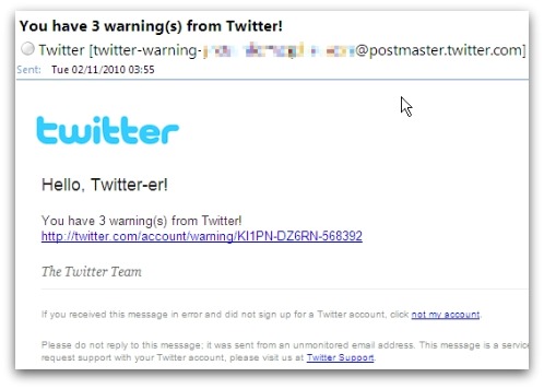 Bogus Twitter warning email