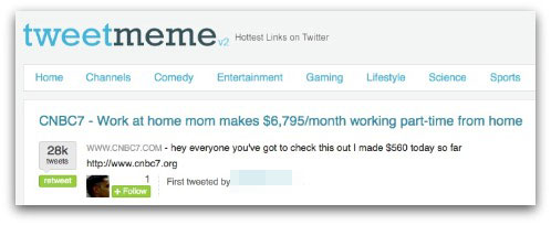Spam promoted on TweetMeme's website