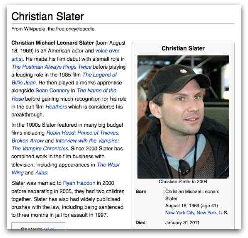 Christian Slater's Wikipedia page
