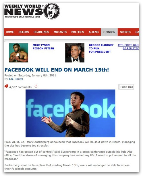 Facebook will end on March 15th! Weekly World News story