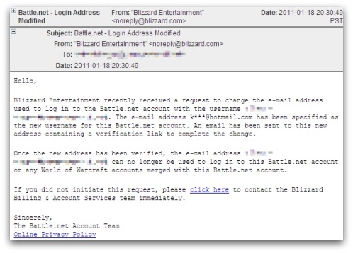 World of Warcraft phishing email