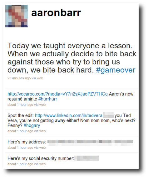 Aaron Barr's hacked Twitter feed