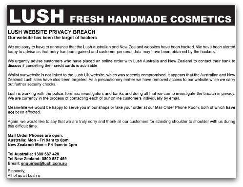 Lush website message