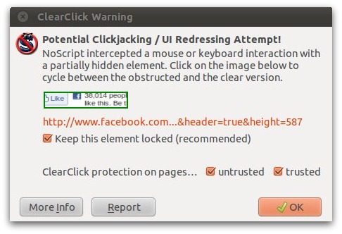 NoScript blocking the clickjacking attack