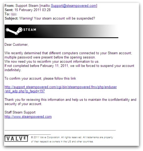 Steam phishing email