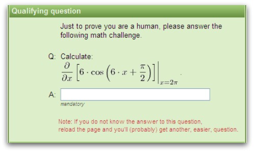 Complicated calculus spam CAPTCHA