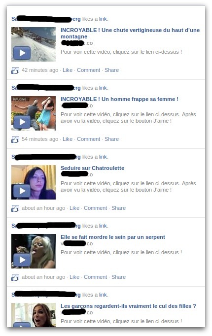 Facebook screenshot of french clickjack attempt