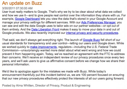 google statement over Buzz