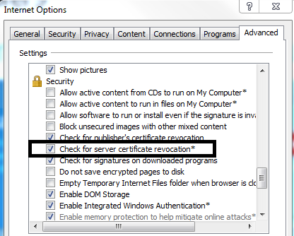 Internet Explorer certificate revocation settings