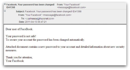 Fake Facebook support message. Dear user of FaceBook