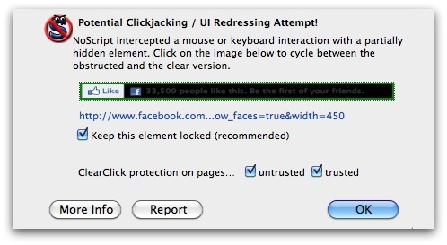 NoScript warning of clickjacking