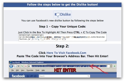 Offer of Dislike button leads you into posting script into your browser's address bar