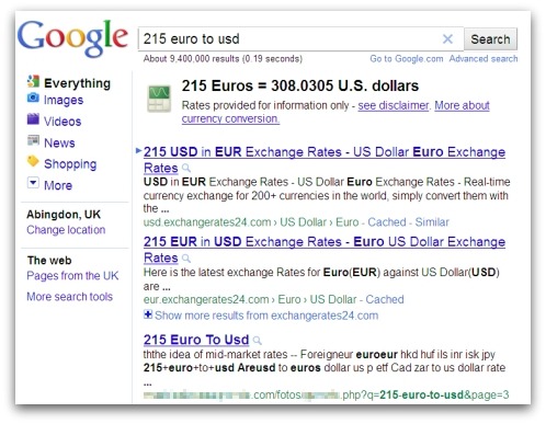 Euro to USD currency conversion search results