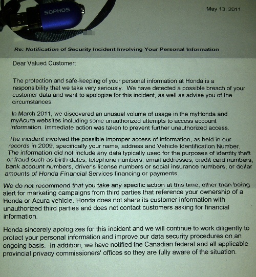 Honda Canada data breach letter