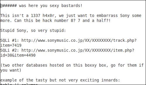 Screenshot of Sony Japan hack from Pastebin.com