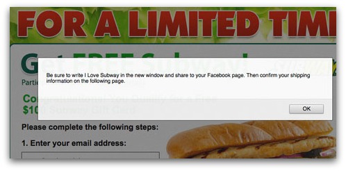 Subway gift card spam wants your email address