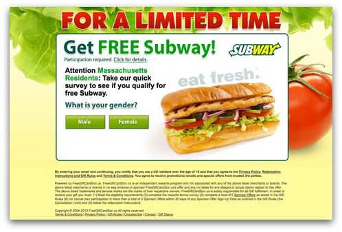 Subway gift card webpage