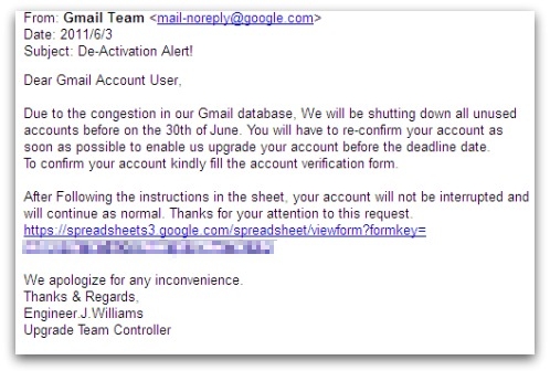 Google Docs phishing message