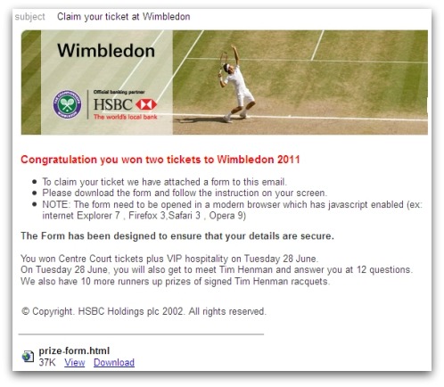 Wimbledon HSBC phishing email