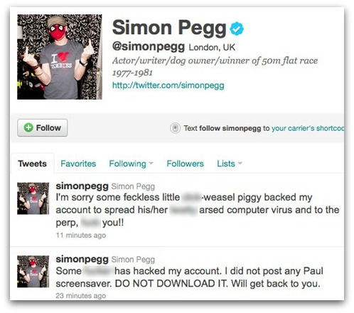 Tweets from Simon Pegg warning fans
