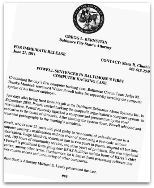 Press release about Walter Powell's sentencing