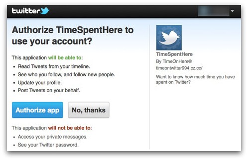 Authorise TimeSpentHere rogue Twitter app
