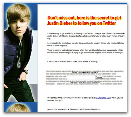 Justin Bieber Twitter scam landing page