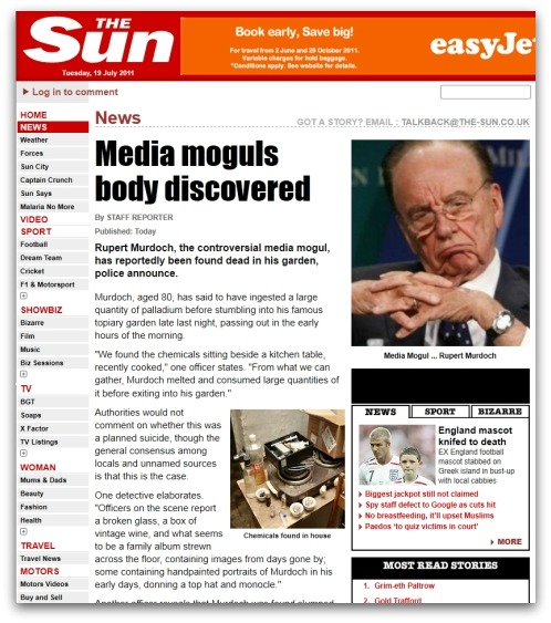 Fake news story claiming that Rupert Murdoch is dead