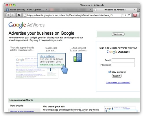 Google AdWords phishing site