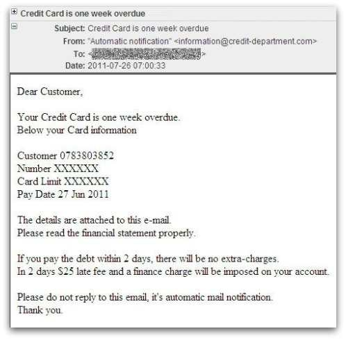 Overdue credit card malicious email