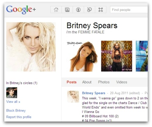 Fake Britney Spears Google+ account