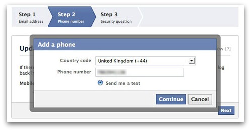 Facebook encourages users to enter mobile phone numbers