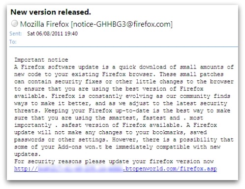 Fake Firefox update email