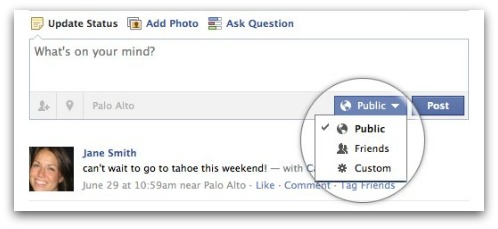 Facebook status update privacy control