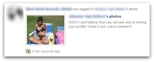 Bikini-wearing woman profile view Facebook scam
