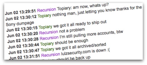 Chat log between LulzSec members Topiary and Recursion