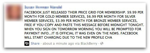 False Facebook price grid message