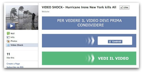 Hurricane Irene Facebook clickjacking scam