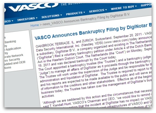 Vasco announcement of DigiNotar bankruptcy filing