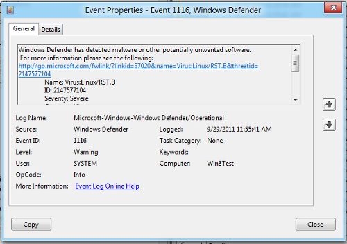 Windows Defender event log on Windows 8