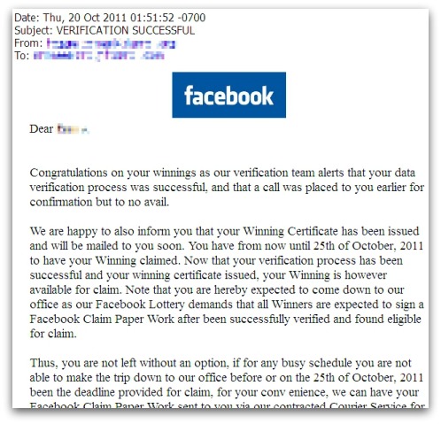 Facebook lottery email