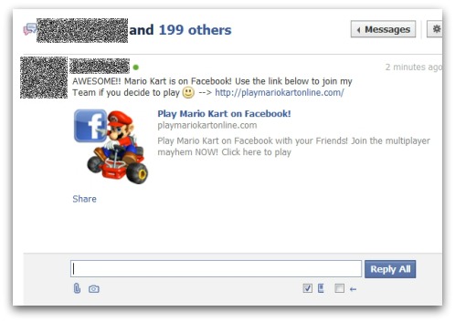 Mario Kart Facebook scam private message