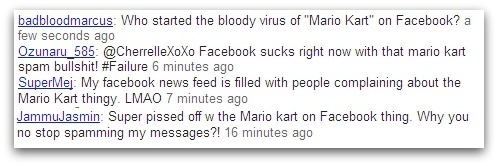 Complaints on Twitter about Mario Kart Facebook spam