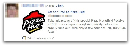 Eat for Free at Pizza Hut! Facebook scam