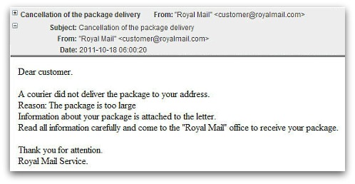 Malware attack posing as Royal Mail email