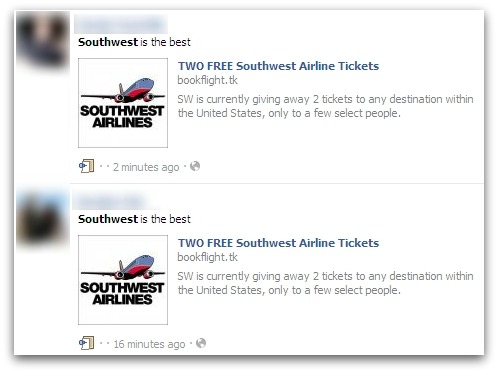 Southwest airlines Facebook scam. SW is currently giving away 2 tickets to any destination within the United States, only to a few select people.