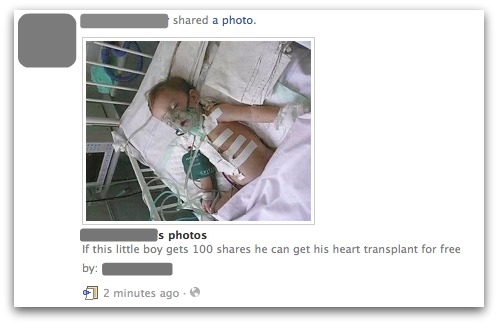 Little boy needs 100 shares to get a heart transplant Facebook hoax